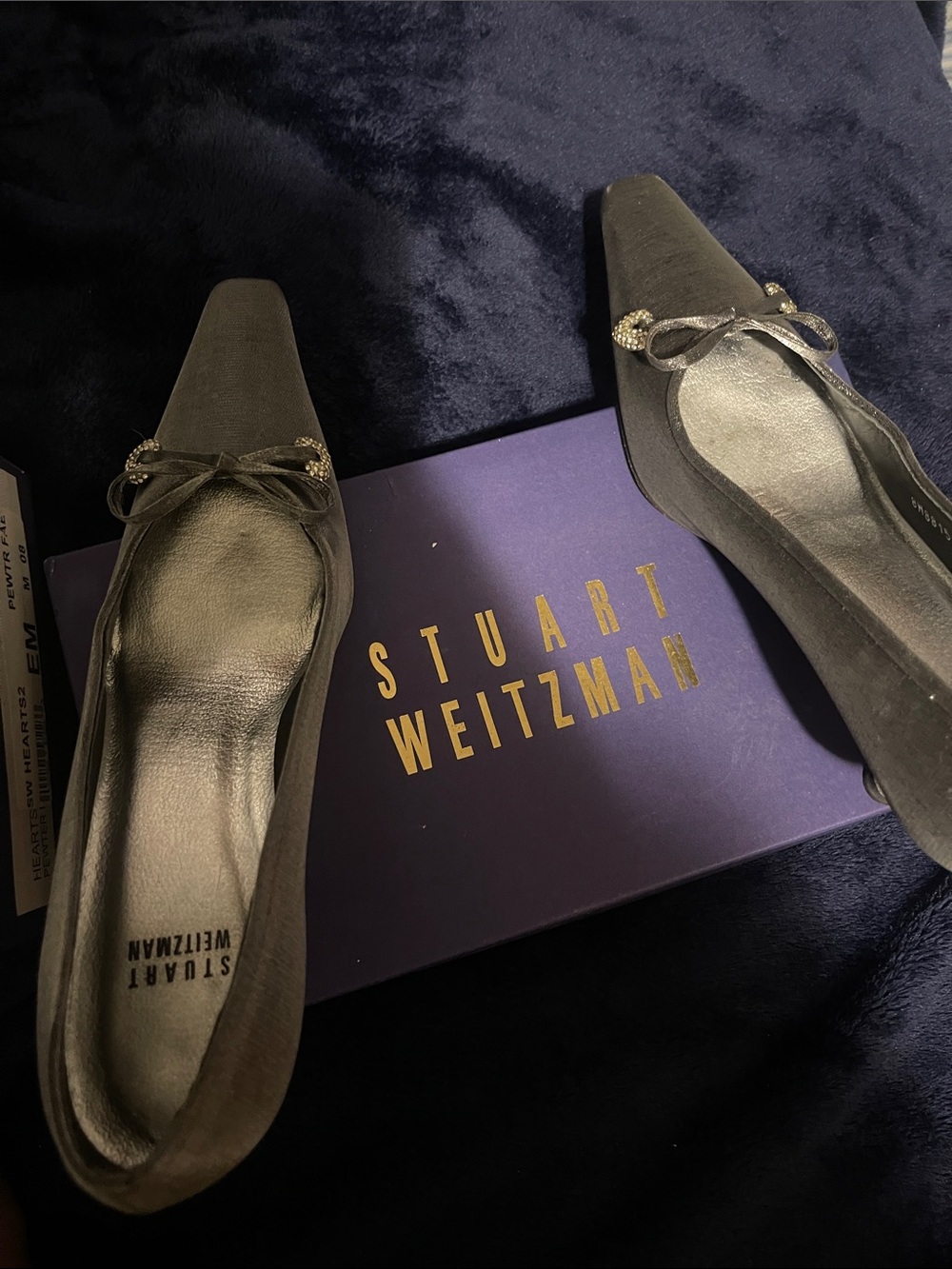 Stuart Weitzman square pointed toe shoe with Swarovski heart crystals bows.